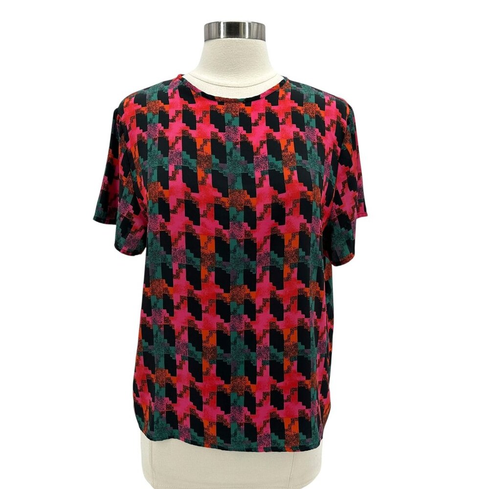 Vintage Hana Sung Womens Large Top Houndstooth Pattern Multicolor Retro 1980s